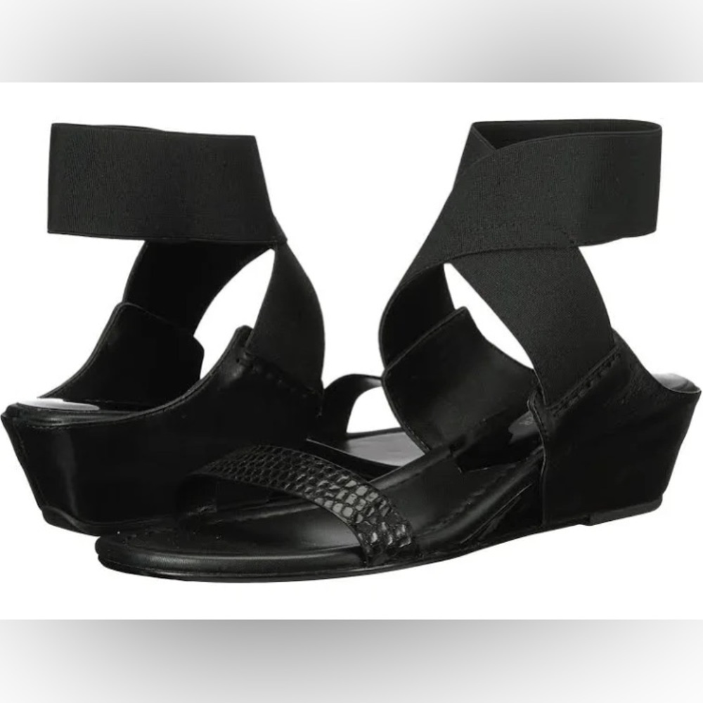 9.5 Donald J Pliner Eeva Lizard Sandals Wedges Black Leather Ankle Slip-on heels